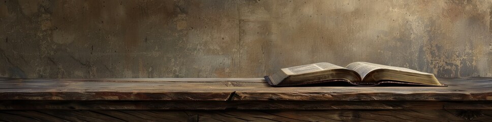 An open bible lies on a wooden table with a blank space, in front of a wide banner background