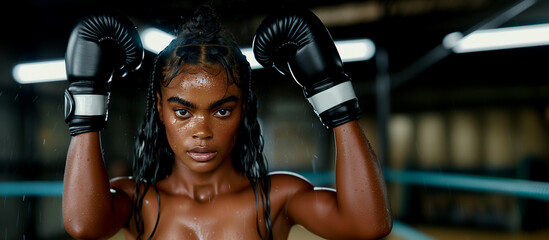 Young black woman without clothes with boxing gloves raised
