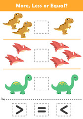 Comparison Worksheet with Cute Cartoon Dino for Kids. Counting Games for Preschoolers. More or Less Worksheet for Kindergarten.	