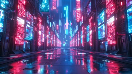 Futuristic Neon Street with Digital Billboards and Wet Pavement Reflection