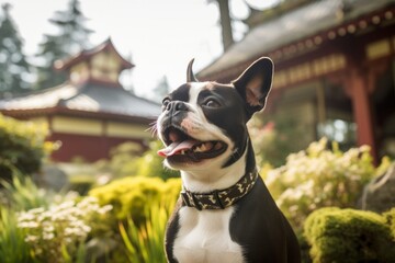Portrait of a smiling boston terrier while standing against backdrop of a traditional japanese garden