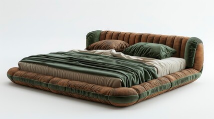 3D Rendering Of Brown And Green Fabric Double Bed, Isolated On A White Background, High Quality, HD