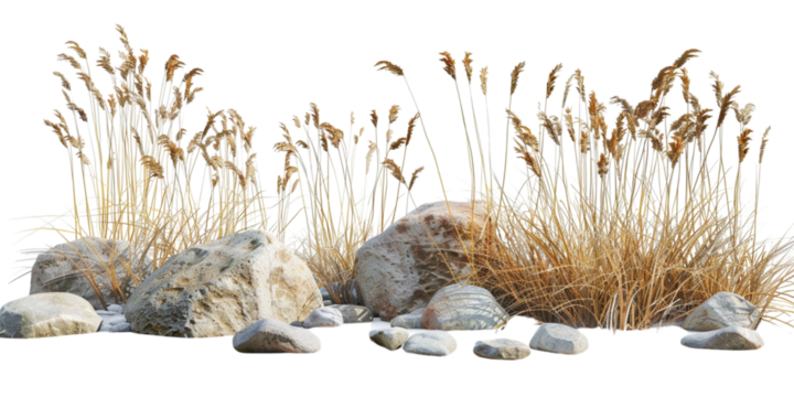 3d render of flat brown grasses with rocks isolated on white background