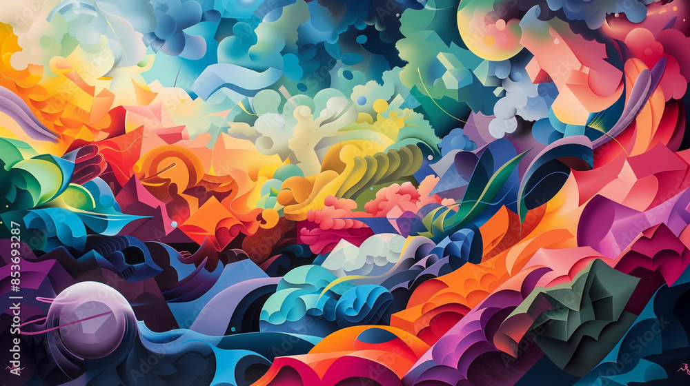 Poster an imaginative artwork where familiar objects dissolve into colorful, abstract shapes, forming a sur