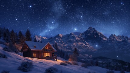 Fototapeta premium Cozy Mountain Cabin Under Starry Night Sky in Snowy Winter Landscape