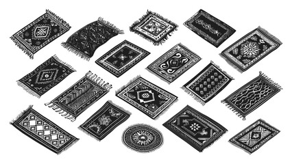 Engraving Style Cozy Home Carpets Icons Set. Hand Drawn Simple Style Black Icons on White Background Vintage Rug Designs Traditional Carpet Patterns Interior Decor Home Textile