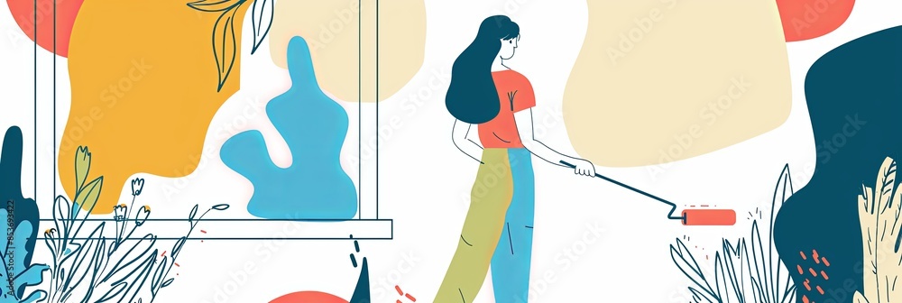 Poster a continuous line drawing of a woman using a paint roller to refresh a wall. the illustration depict
