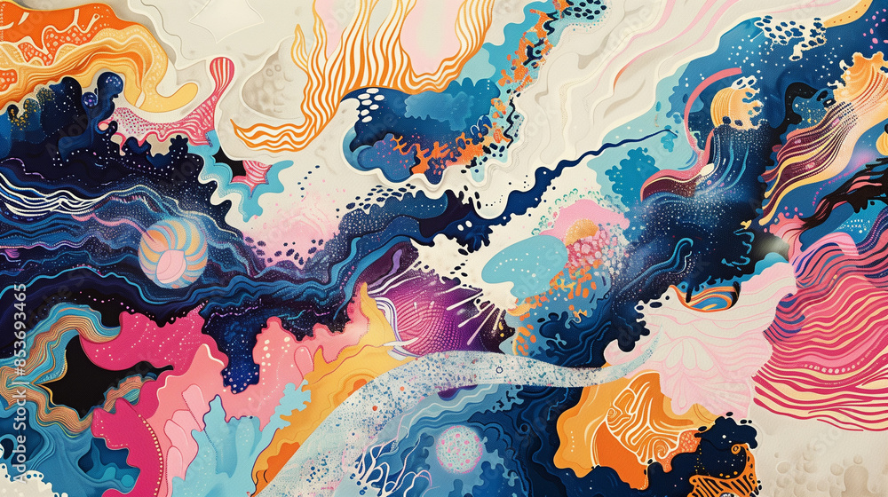 Poster an imaginative artwork where familiar objects dissolve into colorful, abstract shapes, forming a sur