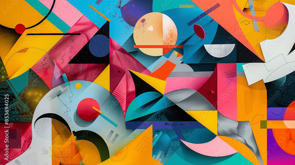 Poster an imaginative artwork where familiar objects dissolve into colorful, abstract shapes, forming a sur