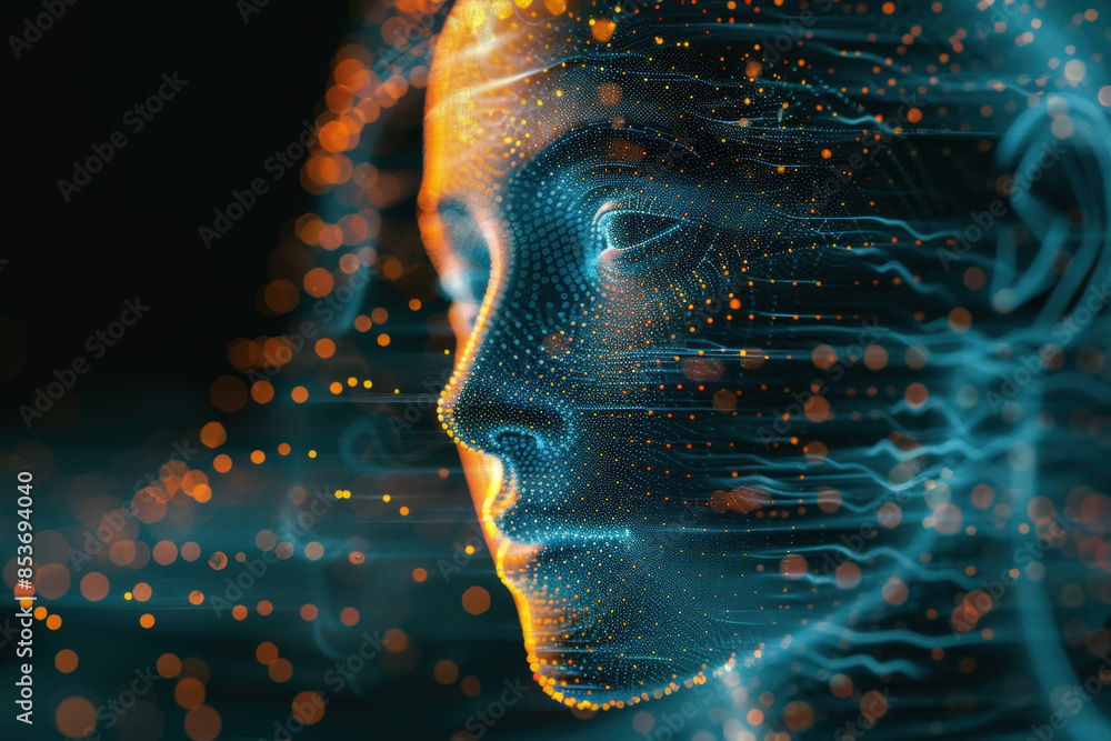 Poster abstract face made of particles and connected dots representing artificial intelligence and its grow