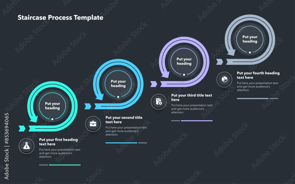 Aufkleber Staircase process infographic template with four circle steps - dark version. SImple chart design for workflow layout, diagram, banner, web design.