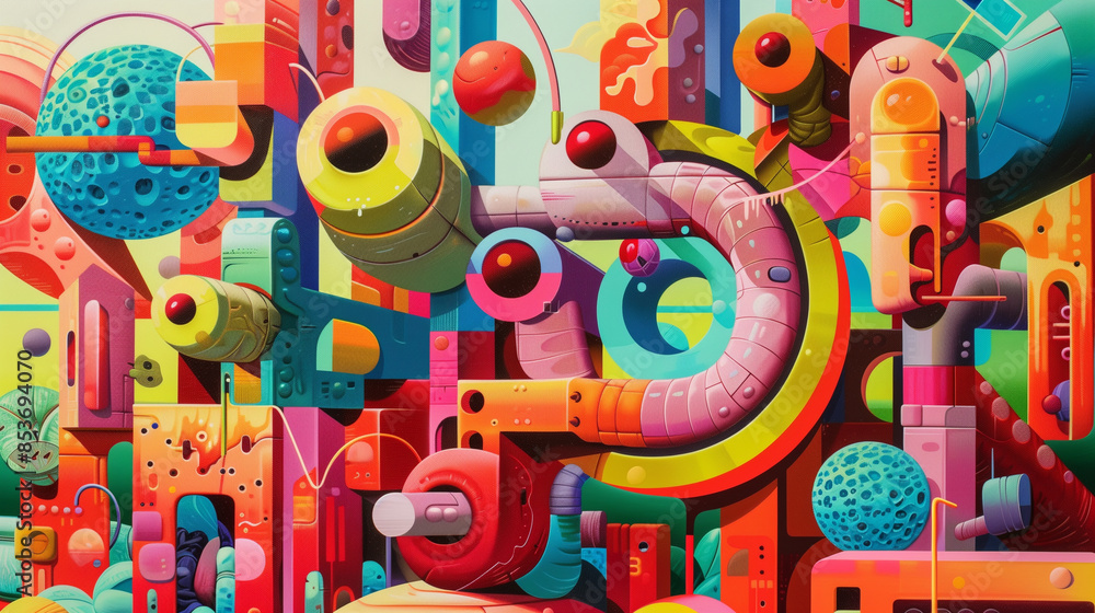 Poster an imaginative artwork where familiar objects dissolve into colorful, abstract shapes, forming a sur