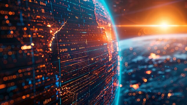 Image of computer language, graphs, texts and lens flare against rotating globe