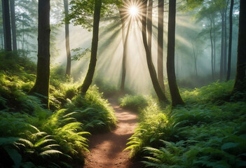 Peaceful forest trail with sunbeams piercing through mist, ideal for Earth Day promotions and nature mindfulness retreats