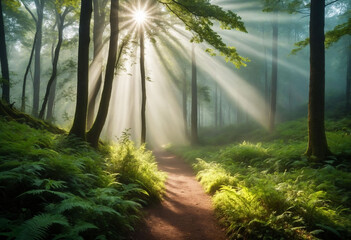 Peaceful forest trail with sunbeams piercing through mist, ideal for Earth Day promotions and nature mindfulness retreats