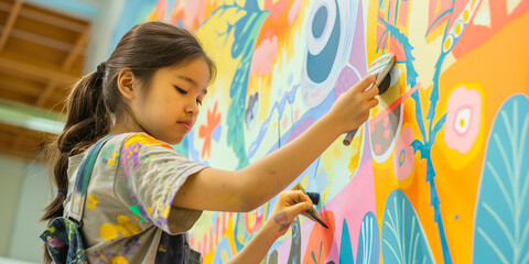 Girl Painting Mural, Creative Art Project | Young Artist Creating Colorful Mural, Artistic Expression
