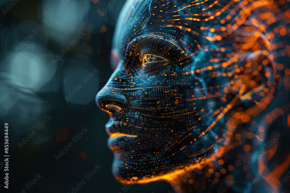 Poster artificial intelligence evolves with data, creating a futuristic digital network glowing with blue a