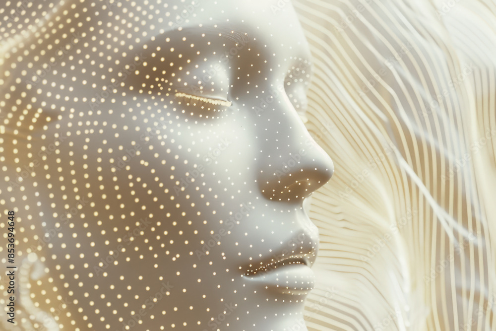 Poster artificial intelligence face emerging from an abstract data stream, representing the concept of mach