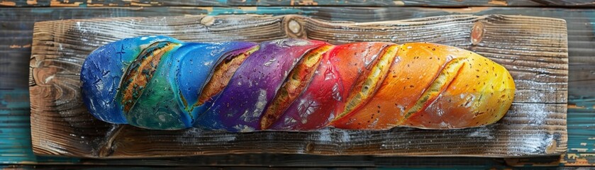 Vibrant Rainbow-Colored Bread Loaf Displayed on Rustic Wooden Board with Detailed Textures
