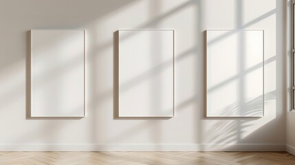 Three vertical mock-up posters hanging on a pristine white wall, evenly spaced, minimalist setting, perfect for showcasing artwork or advertisements, bright natural lighting