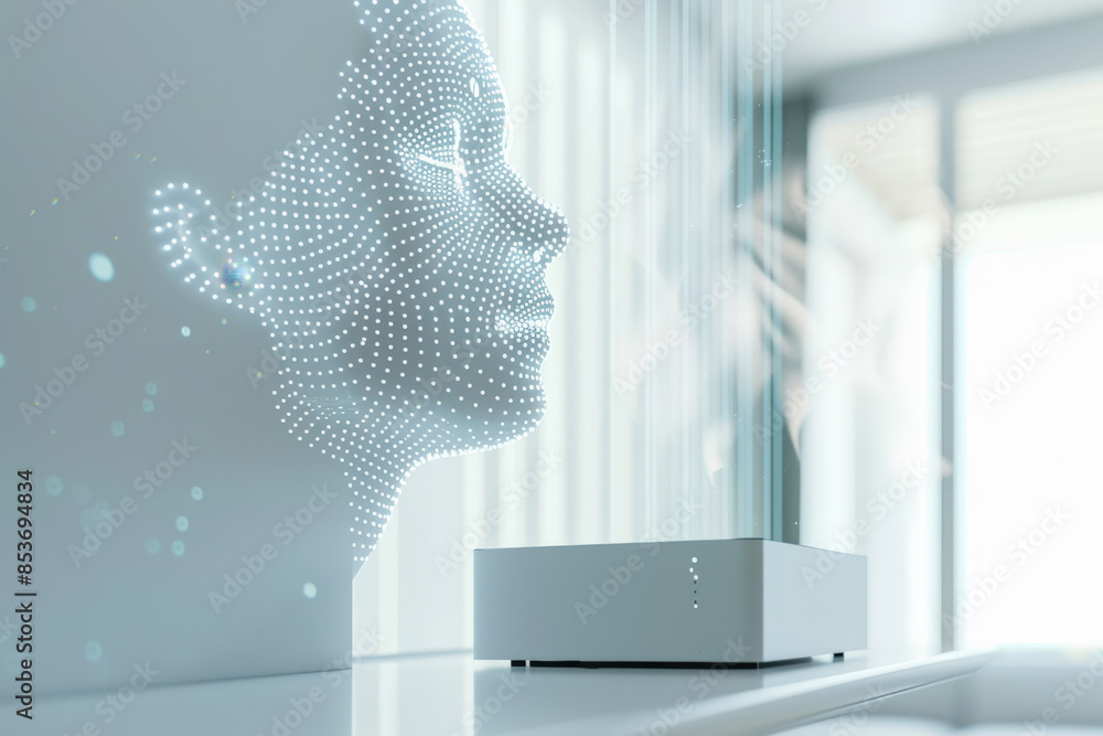 Poster holographic projection of a face made of digital dots, representing the concept of artificial intell