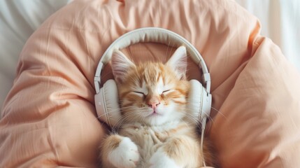 Tiny kitten wearing comfy headphones, snuggled in a soft pillow bed, eyes focused on the TV screen, radiating warmth and cuteness
