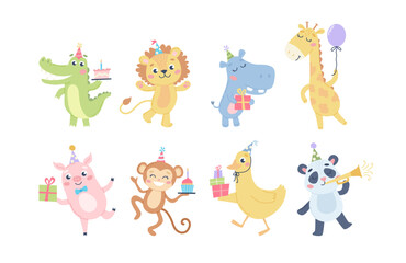 Childrens cute animal set. Birthday greetings, animals with party cakes and hats. Vector illustration