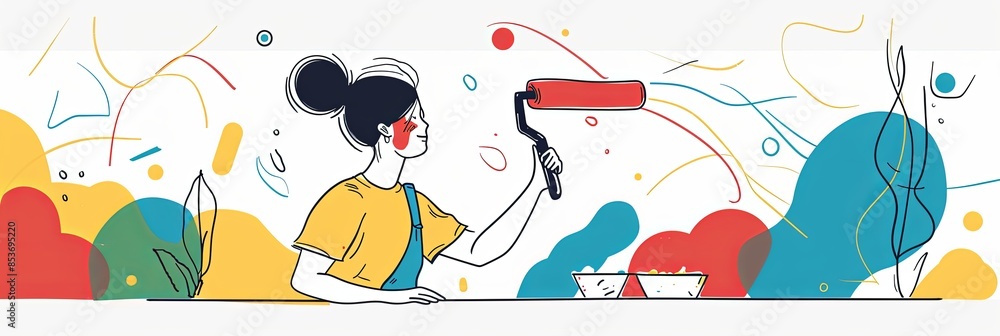 Poster art of a woman painting a wall with a roller in one continuous line. shows a professional painter wo