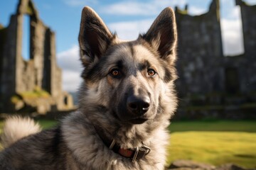 Portrait of a funny norwegian elkhound isolated in backdrop of ancient ruins