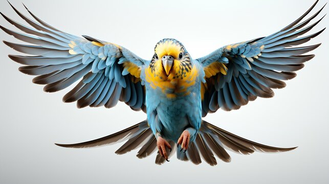 Budgerigar bird isolated on white background with shadow. Colorful bird with luscious feathers on white background. Budgerigar caught in flight with wings spread