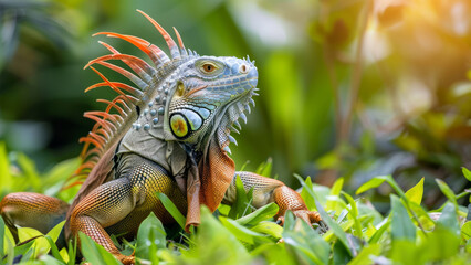 Obraz premium A vibrant iguana basks in the tropical foliage, showcasing its colorful scales and striking features in the warm sunlight. 