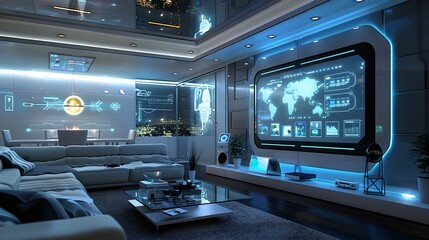 Fototapeta premium Futuristic Smart Home Interior with Voice-Activated Devices, smart home, touch screen, modern furniture, technology