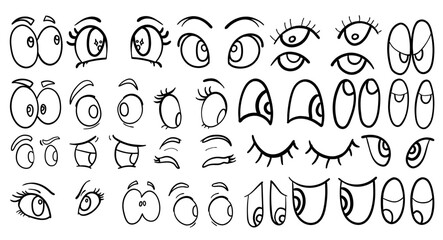 Collection of Hand-Drawn Cartoon Eyes with Various Expressions, Eyes Outline
