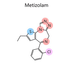Chemical organic formula of Metizolam diagram hand drawn schematic raster illustration. Medical science educational illustration