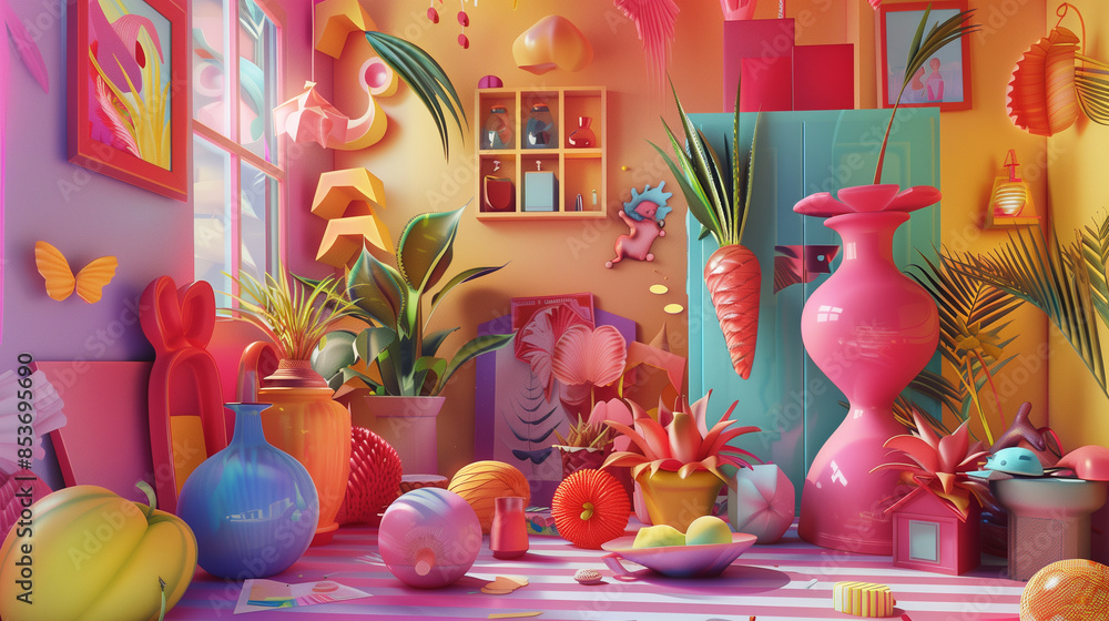 Poster an imaginative artwork where familiar objects dissolve into colorful, abstract shapes, forming a sur