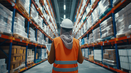 Hijabi Businesswoman Checking Inventory on Tablet in Storage Facility