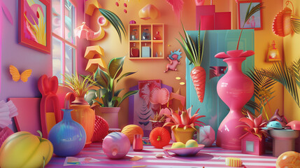Fototapeta premium An imaginative artwork where familiar objects dissolve into colorful, abstract shapes, forming a surreal and vibrant composition.