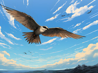 Naklejka premium Illustration of a bird soaring high against a vast expanse of a clear, bright blue sky 