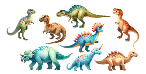 Obraz premium Colorful cartoon dinosaurs illustration set, perfect for children's educational materials, toys, and prehistoric-themed decorations for events like dinosaur birthday parties