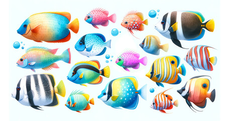 A colorful collection of tropical fish illustrations, ideal for ocean conservation themes and marine biodiversity education projects