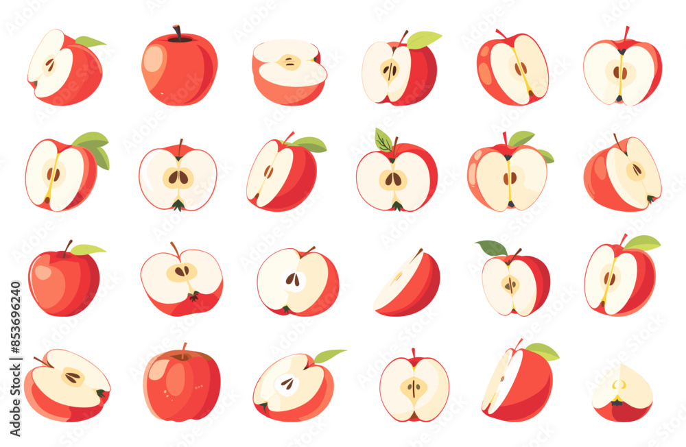 Aufkleber flat whole apples, halves, and slices in different angles set simple vector on white background fres