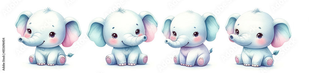 Sticker Cute cartoon baby elephants with blush cheeks sitting in various poses, ideal for children's birthday invitations, nursery decor, and baby shower celebrations