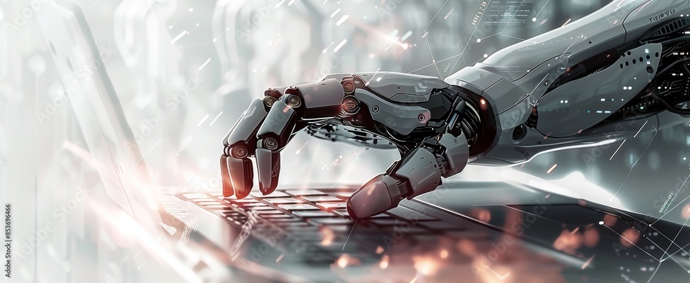 Poster futuristic robot hand typing on a laptop keyboard with digital interfaces