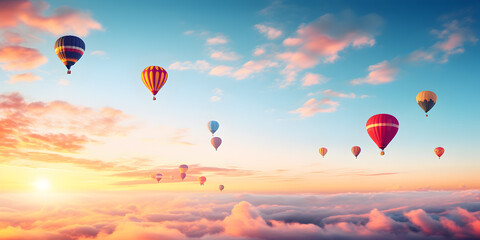 Fototapeta premium Hot air balloons of various colors floating in the sky during a clear morning 