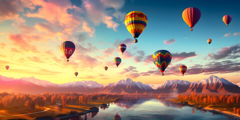 Obraz premium Hot air balloons of various colors floating in the sky during a clear morning 