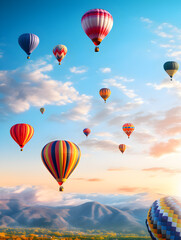 Fototapeta premium Hot air balloons of various colors floating in the sky during a clear morning 