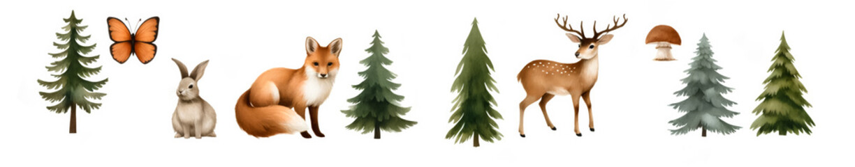 Obraz premium Illustration of woodland animals and elements, including a fox, deer, rabbit, butterfly, trees, and mushroom, perfect for nature-themed projects and Christmas decorations