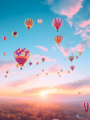 Obraz premium Hot air balloons of various colors floating in the sky during a clear morning 