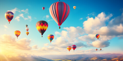 Obraz premium Hot air balloons of various colors floating in the sky during a clear morning 