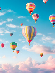 Obraz premium Hot air balloons of various colors floating in the sky during a clear morning 
